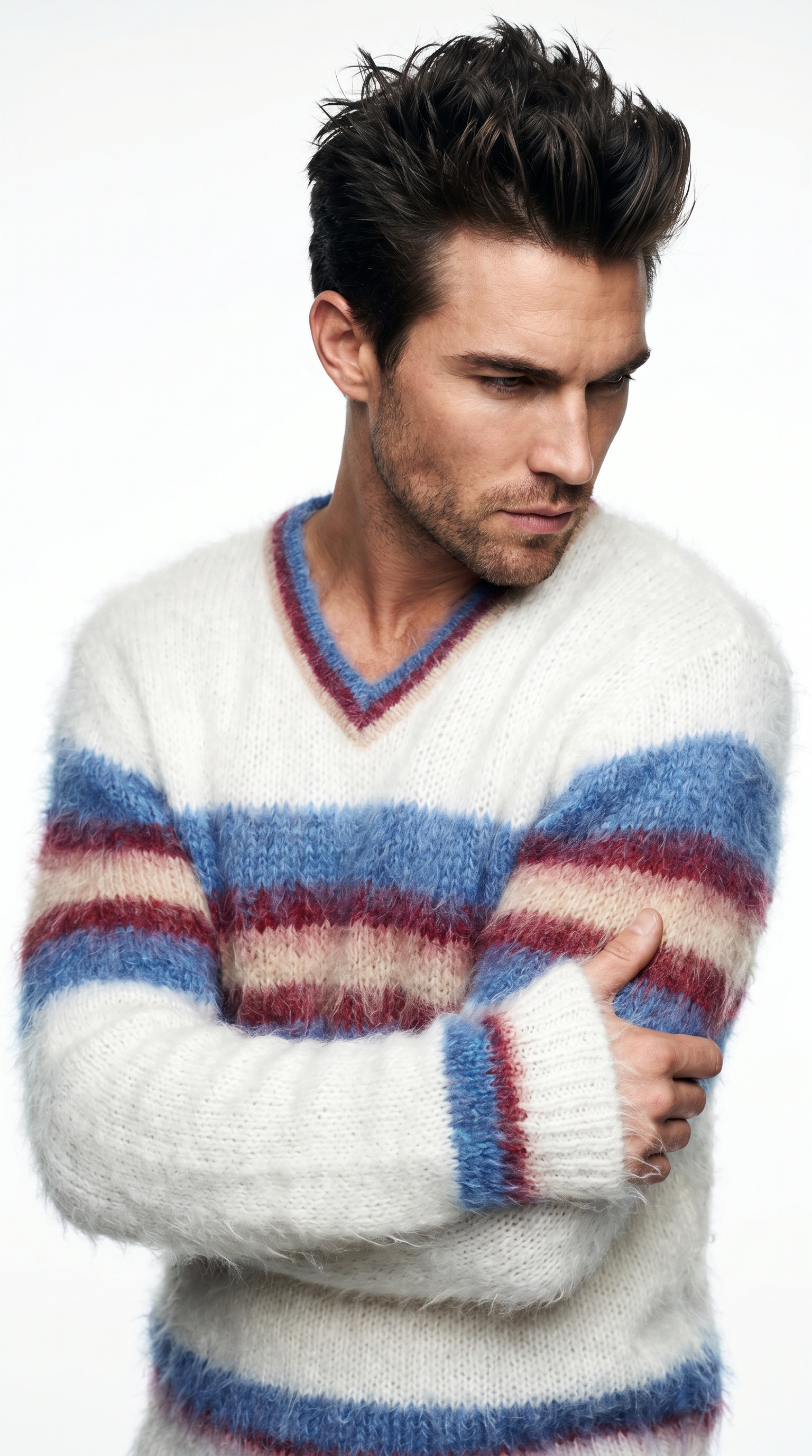 Men's mohair sweater hand-knit with custom striped crewneck in 80% mohair yarn