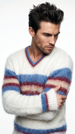 Men's mohair sweater hand-knit with custom striped crewneck in 80% mohair yarn