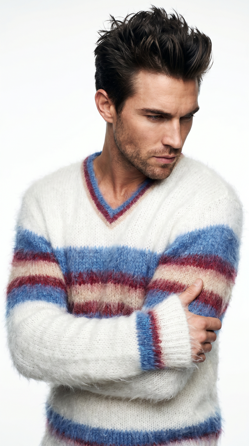 Men's mohair sweater hand-knit with custom striped crewneck in 80% mohair yarn