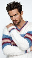 Men's mohair sweater with custom striped crewneck hand-knit from 80% mohair yarn