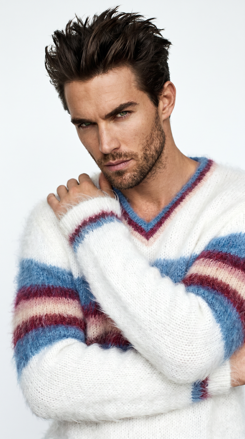 Men's mohair sweater with custom striped crewneck hand-knit from 80% mohair yarn