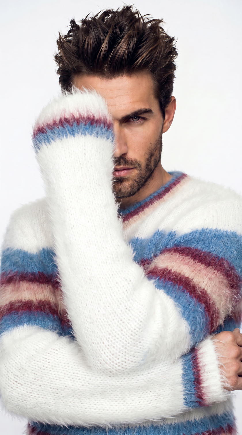 Men's mohair sweater with custom striped crewneck hand-knit from 80% mohair yarn