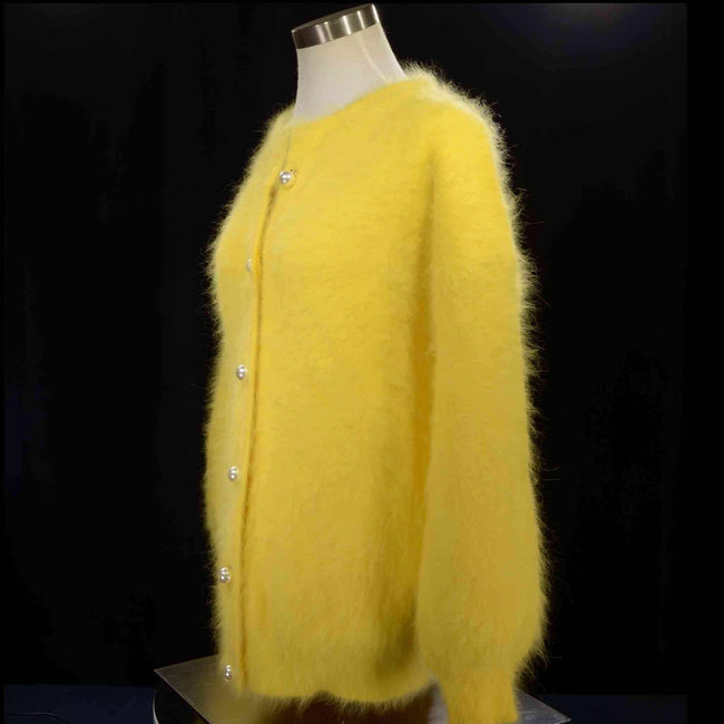 Woman's angora sweater cardigan in yellow with pearl buttons, size small, heavier cozy knit