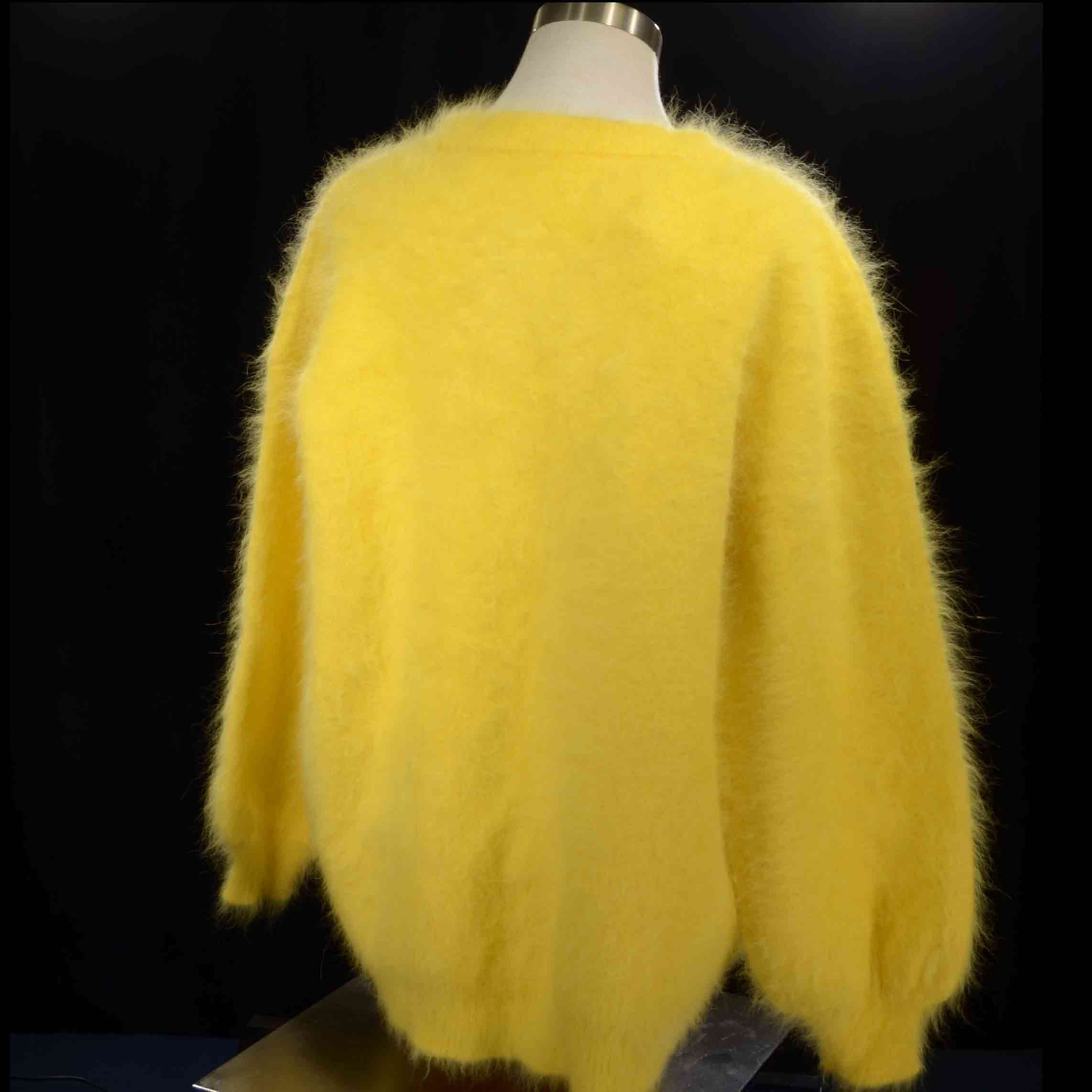 Yellow woman's angora sweater cardigan with pearl buttons, size small, warm and soft knitwear