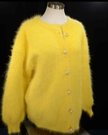 Woman's angora sweater cardigan in yellow with pearl buttons, cozy and warm, size small