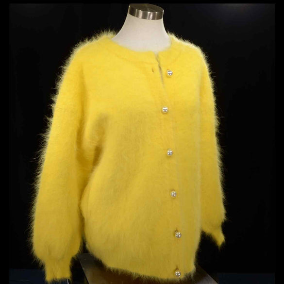 Woman's angora sweater cardigan in yellow with pearl buttons, cozy and warm, size small