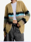 Tan fuzzy open-front cardigan with multicolored horizontal stripes in blue, black, and brown, made from soft synthetic fibers Fuzzy Open-Front Cardigan.
