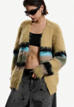 Fuzzy Open-Front Cardigan in tan with multicolored horizontal stripes, made from soft fuzzy synthetic fibers, open-front style.
