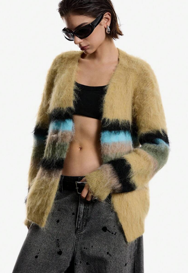 Fuzzy Open-Front Cardigan in tan with multicolored horizontal stripes, made from soft fuzzy synthetic fibers, open-front style.