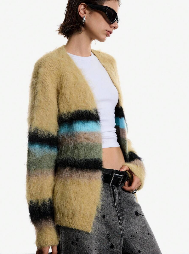 Fuzzy Open-Front Cardigan in tan with multi-colored horizontal stripes, soft fuzzy texture, and open front design.