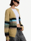 Fuzzy Open-Front Cardigan in tan with multi-colored horizontal stripes, soft fuzzy texture, and open front design.