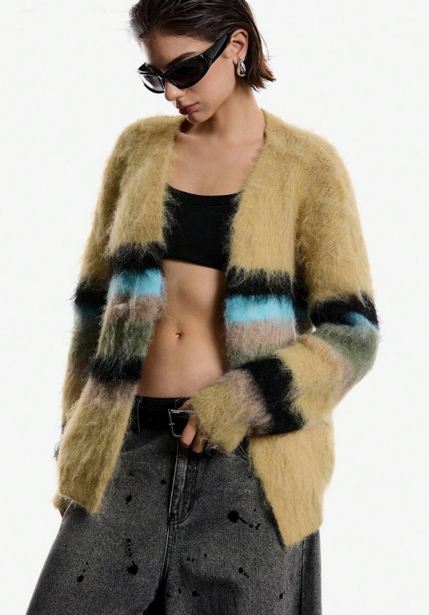 Fuzzy Open-Front Cardigan in tan with multi-colored horizontal stripes, made from soft, fuzzy synthetic fibers.