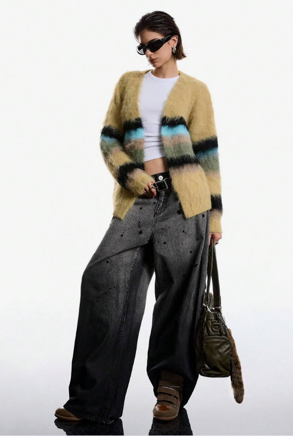 Fuzzy Open-Front Cardigan in tan with multi-colored horizontal stripes, made of soft fuzzy synthetic fibers, worn open without buttons.