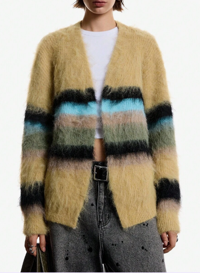Fuzzy Open-Front Cardigan in tan with multi-colored horizontal stripes, made from soft fuzzy synthetic fibers.