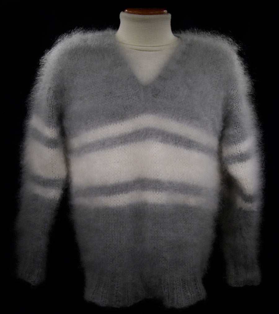 Extra soft men's kid mohair sweater with gray and white stripes, hand-knit and fluffy design