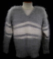 Extra soft men's kid mohair sweater with gray and white stripes, hand-knit and fluffy design