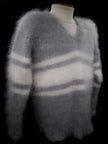 Extra soft men's kid mohair sweater with gray and white stripes, hand-knit and fluffy texture