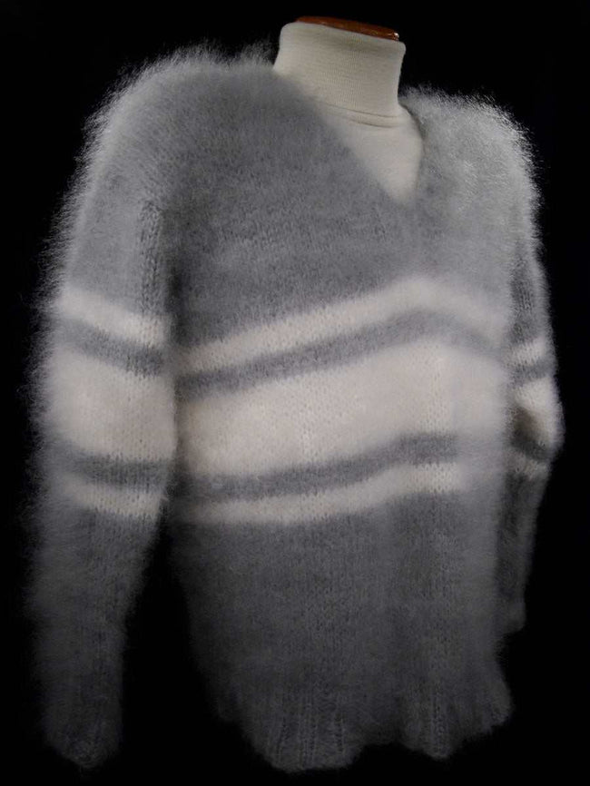 Extra soft men's kid mohair sweater with gray and white stripes, hand-knit and fluffy texture