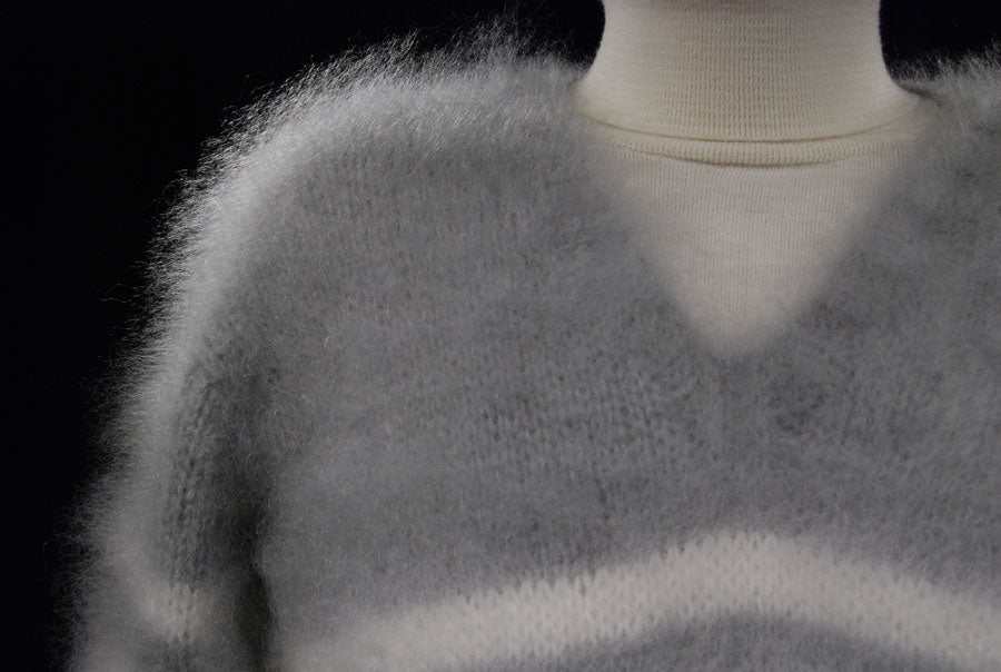 Extra soft men's kid mohair sweater in light gray with white stripe, hand-knit and fluffy texture