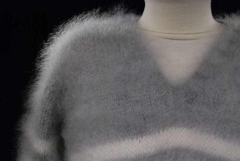 Extra soft men's kid mohair sweater in light gray with white stripe, hand-knit and fluffy texture
