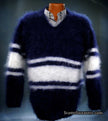 Extra soft men's kid mohair sweater with navy and white stripes, hand-knit and cozy