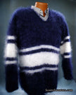 Extra soft men's kid mohair sweater in navy and white stripes with a fluffy texture