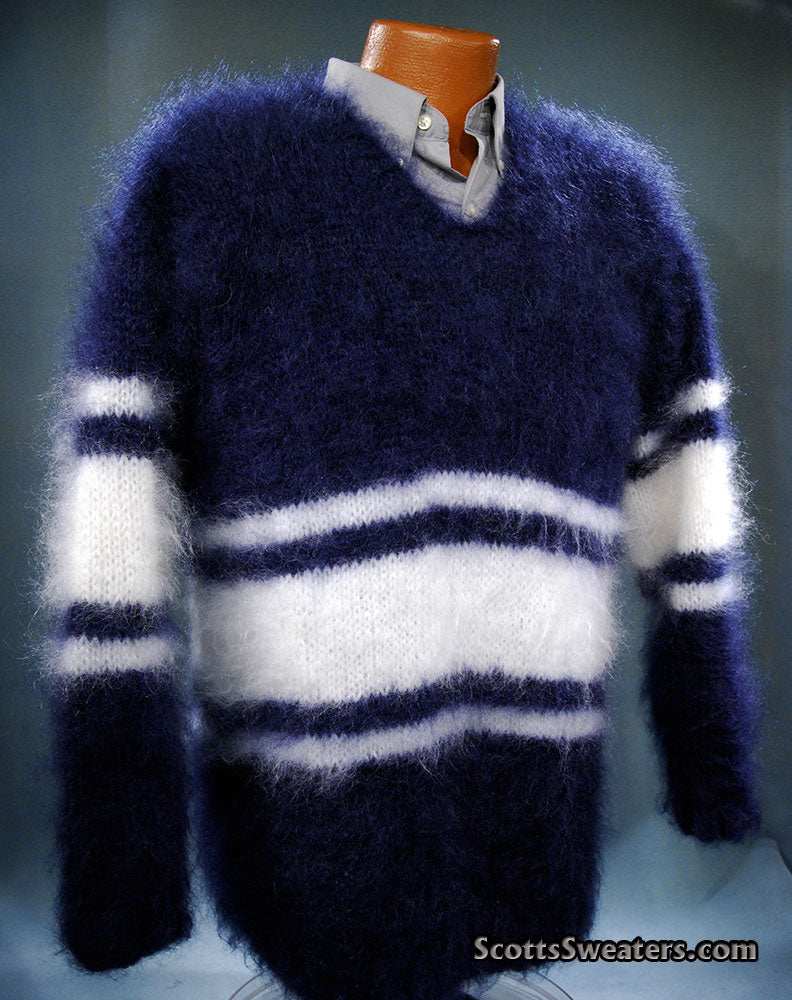 Extra soft men's kid mohair sweater in navy and white stripes with a fluffy texture
