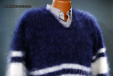 Extra soft men's kid mohair sweater in navy blue and white stripes with a V-neck collar.