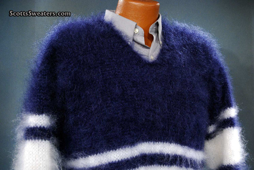 Extra soft men's kid mohair sweater in navy blue and white stripes with a V-neck collar.