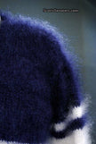 Close-up of extra soft men's kid mohair sweater in dark blue with white stripes showing fine brushed texture