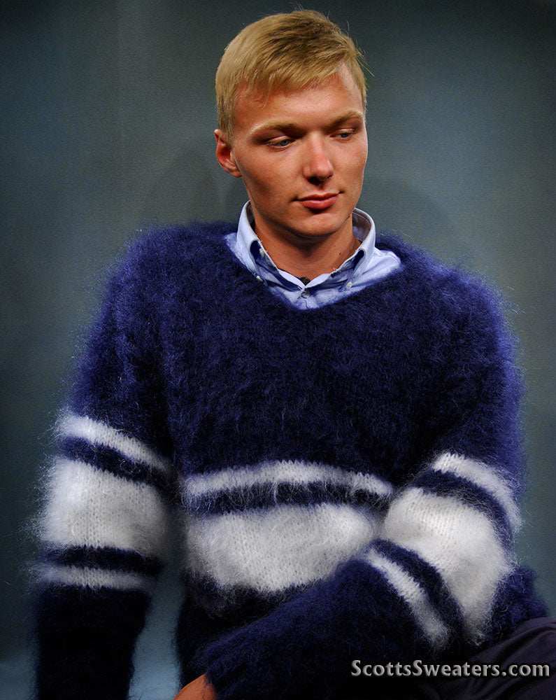 Extra soft men's kid mohair sweater in navy and white stripes, hand-knit with a fluffy texture
