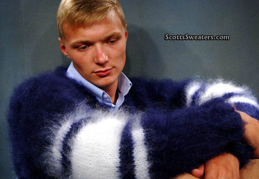 Man wearing extra soft men's kid mohair sweater in navy blue with white stripes, hand-knit and fluffy texture
