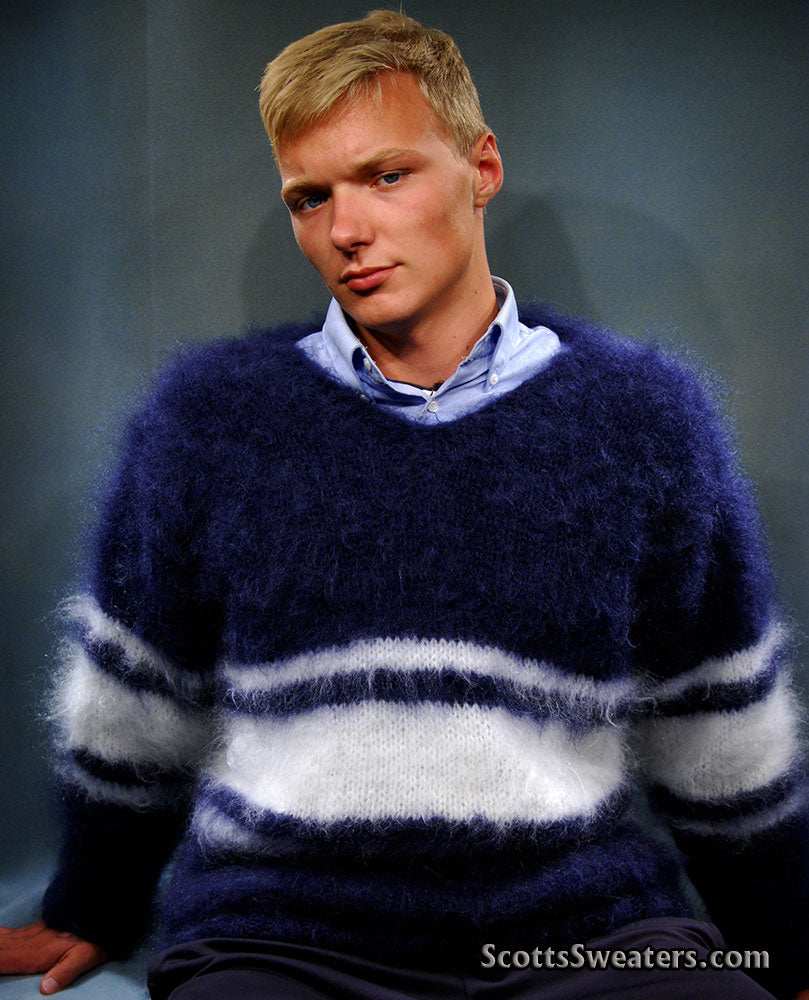Man wearing extra soft navy and white striped men's kid mohair sweater with fluffy texture