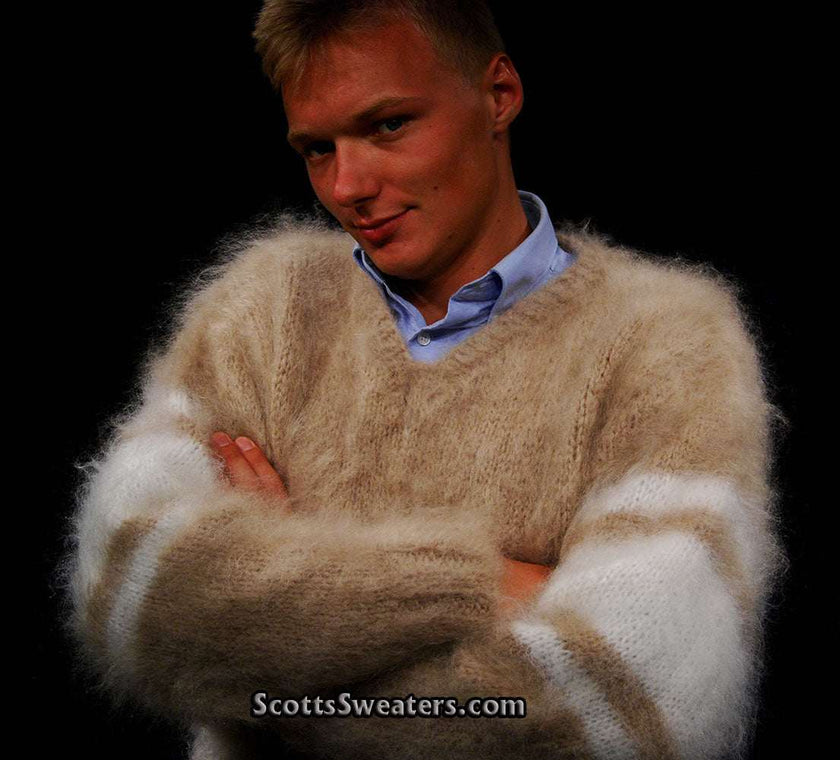 Extra soft men's kid mohair sweater with brushed sheen, worn by man over blue shirt