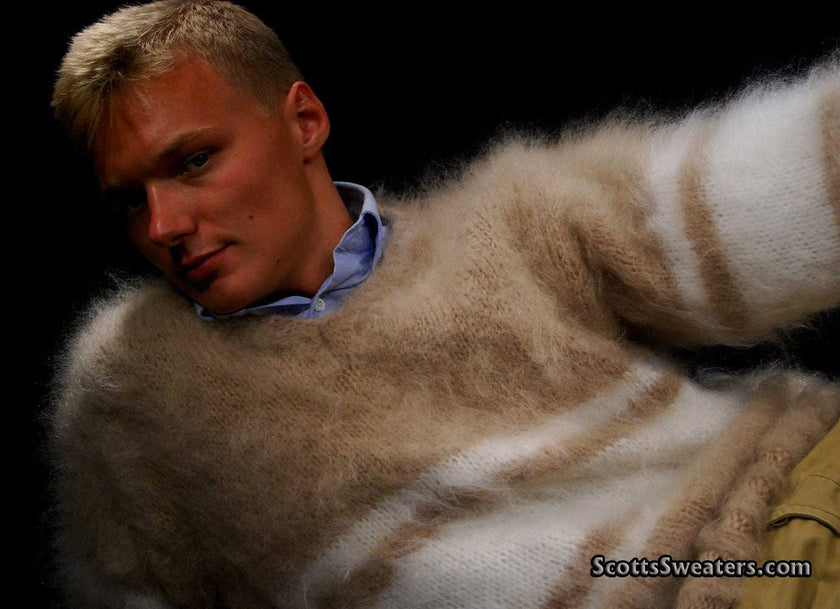 Extra soft men's kid mohair sweater in beige and white tones with a fuzzy texture