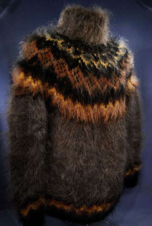 Men's handknit mink-colored mohair turtleneck sweater with high cozy collar