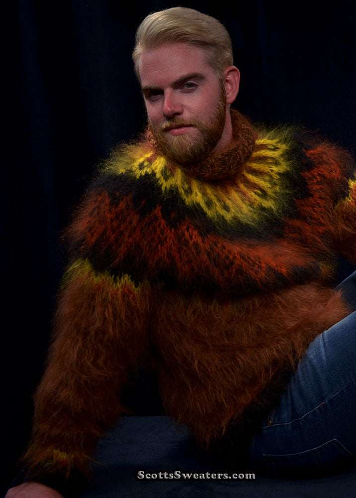Men's handknit copper mohair turtleneck sweater, warm and fuzzy, luxury knitwear