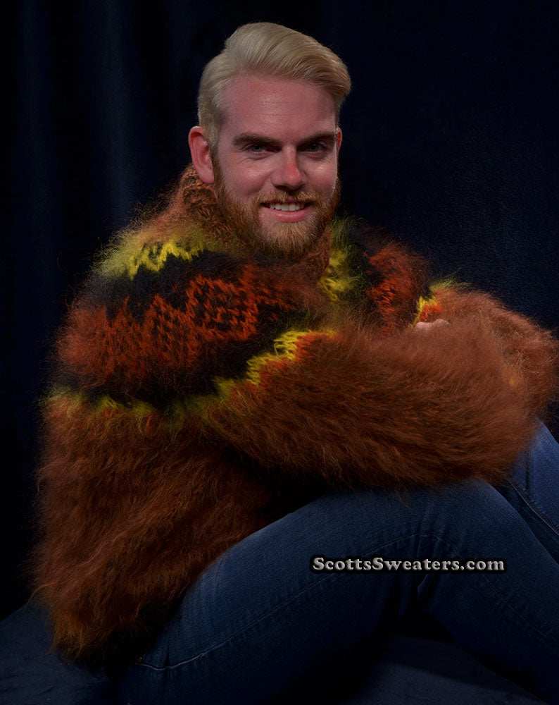 Men's handknit copper mohair turtleneck sweater, soft and warm, ready to ship in USA