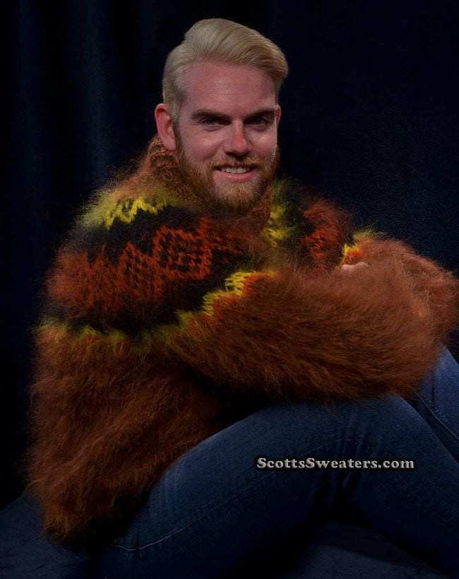 Men's handknit copper mohair turtleneck sweater, soft and warm, ready to ship in USA