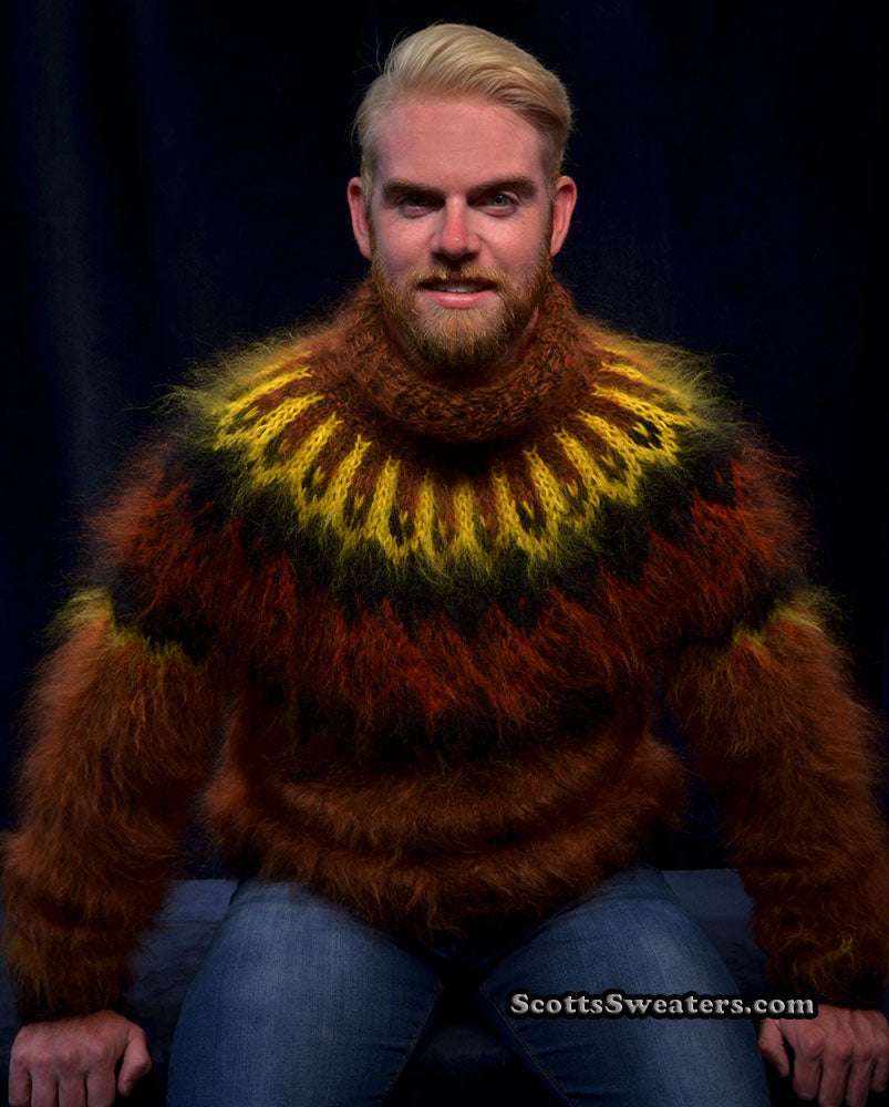 Copper men's handknit long-fiber mohair turtleneck sweater, luxurious and warm