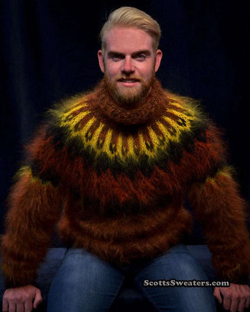 Copper men's handknit long-fiber mohair turtleneck sweater, luxurious and warm
