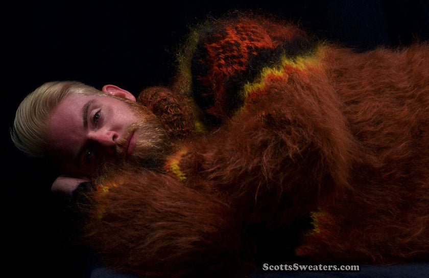 Copper men's handknit mohair turtleneck sweater, warm and fuzzy, ready to ship in USA