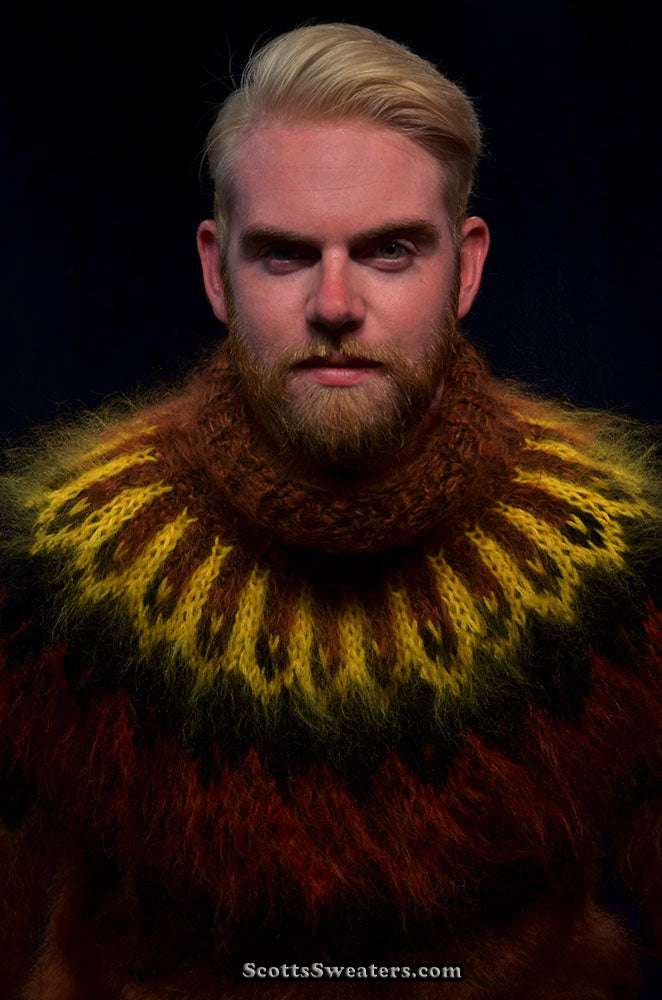 Men's handknit copper mohair turtleneck sweater, warm and luxurious