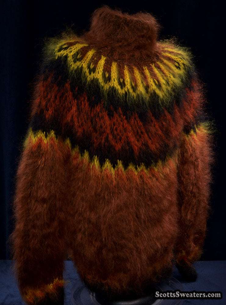 Copper men's handknit long-fiber mohair turtleneck sweater, warm and luxurious