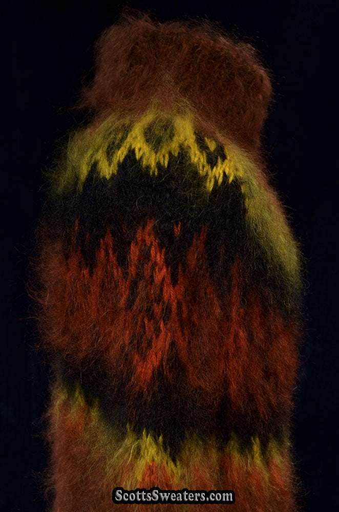 Copper men's handknit turtleneck mohair sweater, warm and fuzzy, hand-knit from long-fiber mohair
