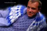 Men's hand-knit fuzzy mohair cardigan sweater with blue and white pattern and zipper front by Scott's Sweaters