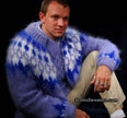 Men's handknit fuzzy mohair cardigan sweater with zipper front in blue and white pattern