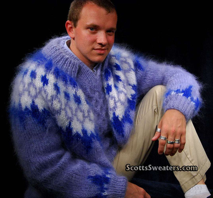 Men's handknit fuzzy mohair cardigan sweater with zipper front in blue and white pattern