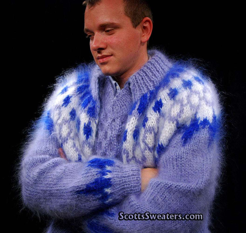 Handknit men's mohair cardigan sweater with fuzzy texture and zipper front