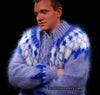 Man wearing hand-knit fuzzy Mohair Cardigan Men's sweater with blue and white pattern and zipper front